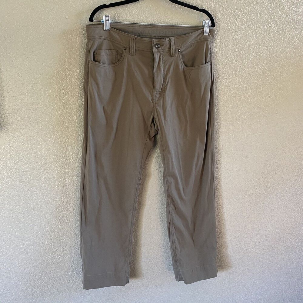 Prana Pants Mens 34 X27 Brown Brion II Slim Fit Hiking Stretch Flat Front Hemmed - Picture 1 of 13